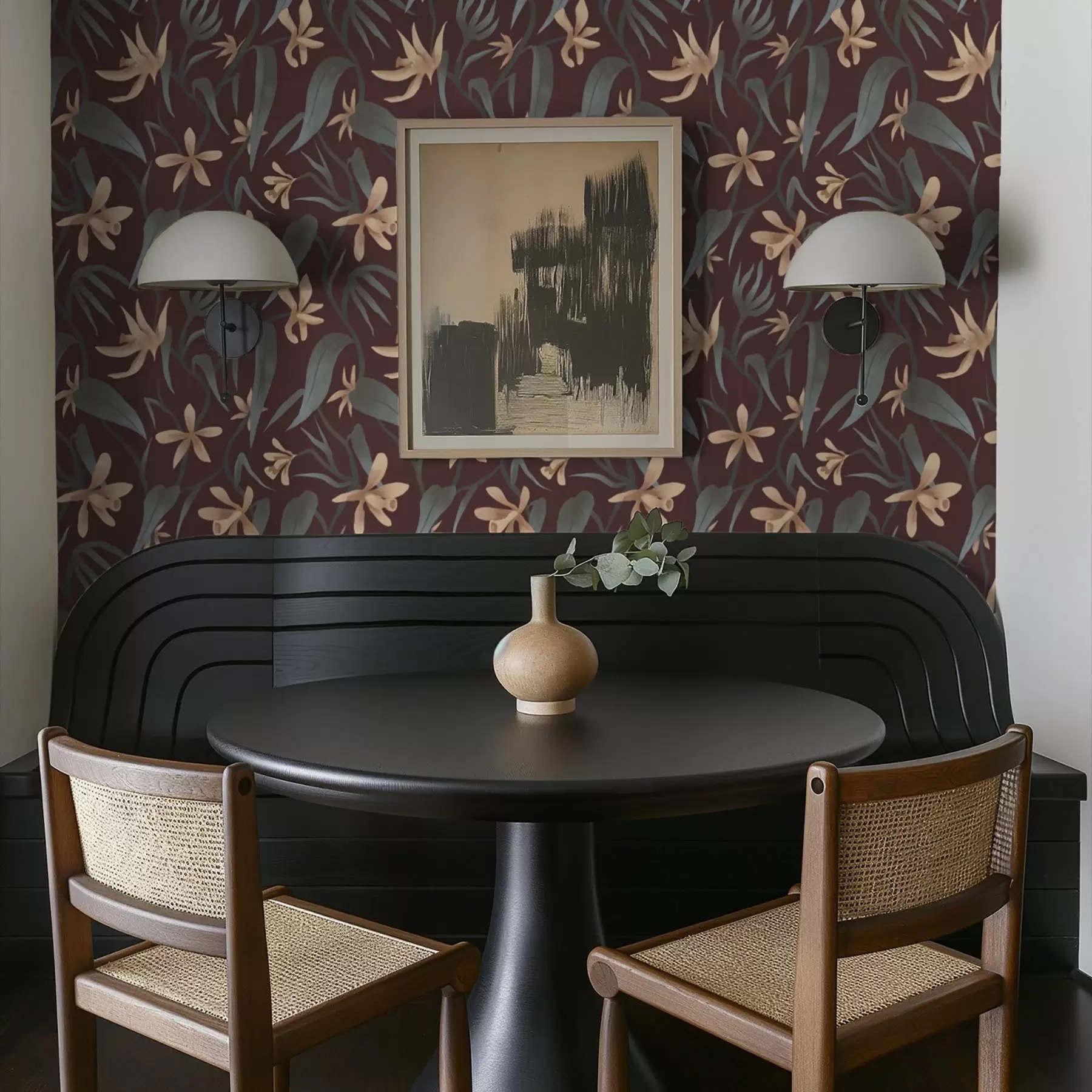 Fototapet Krémové květy se šedými listy na vínovém pozadí a00833