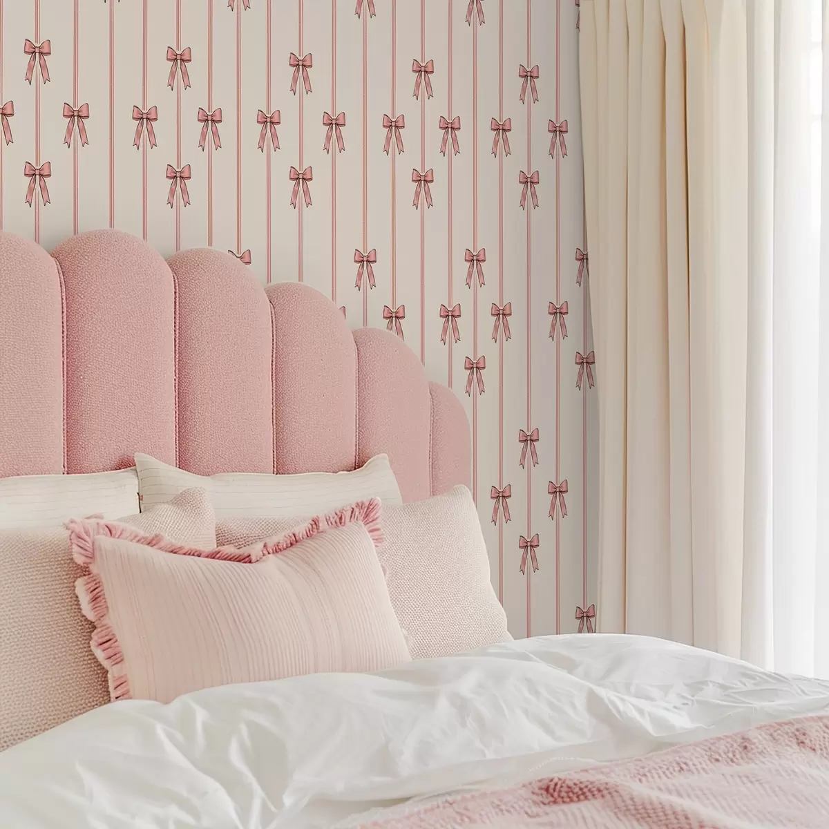 Tapety Vertikální stuhy s mašlemi, slonovinové pozadí a00653