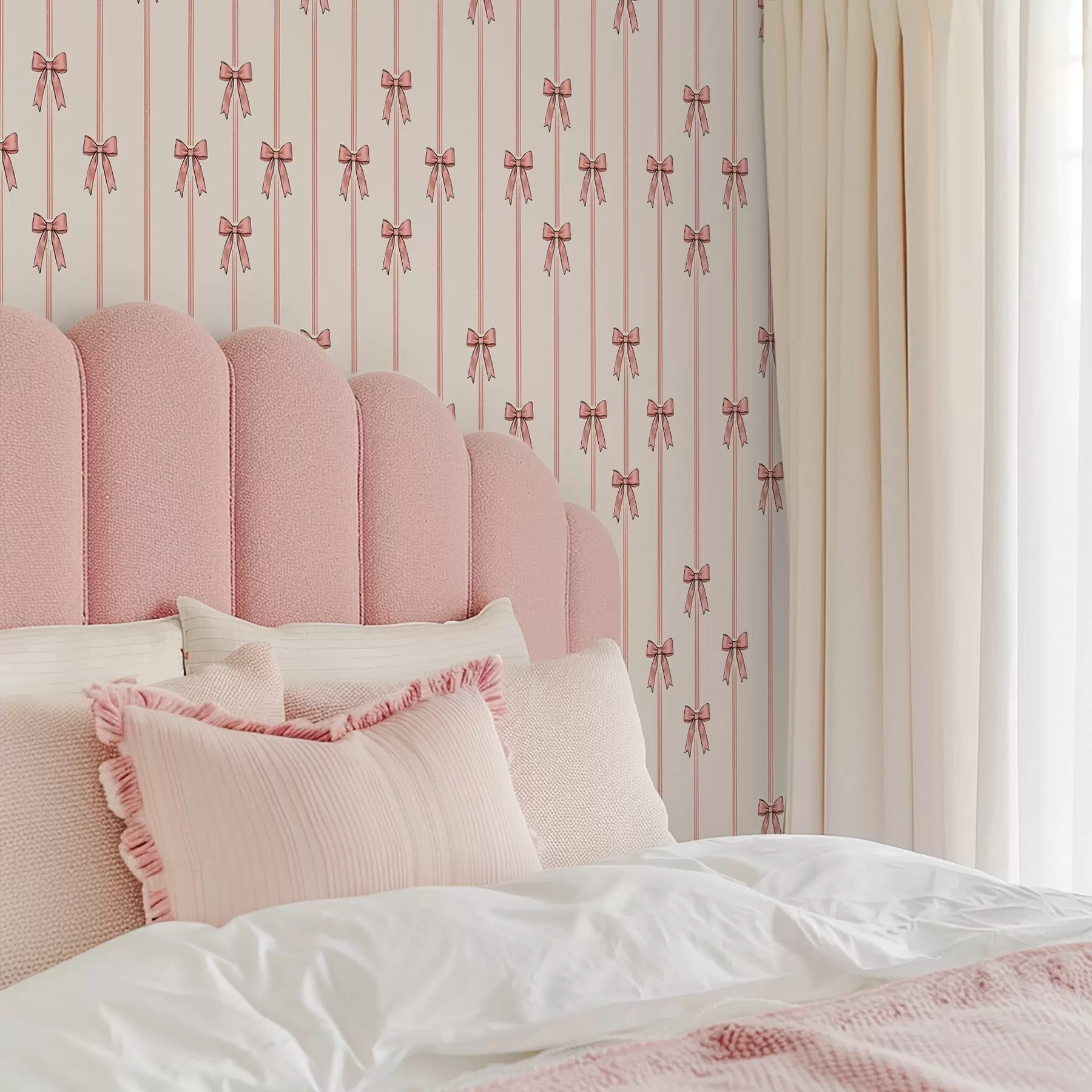 Fototapet Vertikální stuhy s mašlemi, slonovinové pozadí a00653