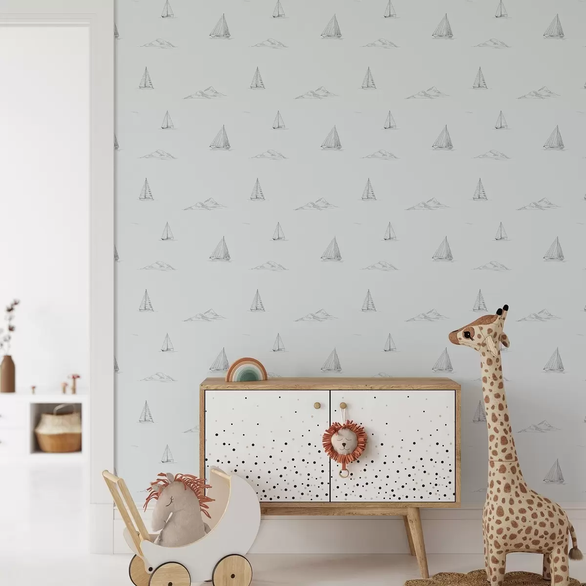 Tapety Nakreslete jachty a ostrovy, chladné modrošedé pozadí a00654