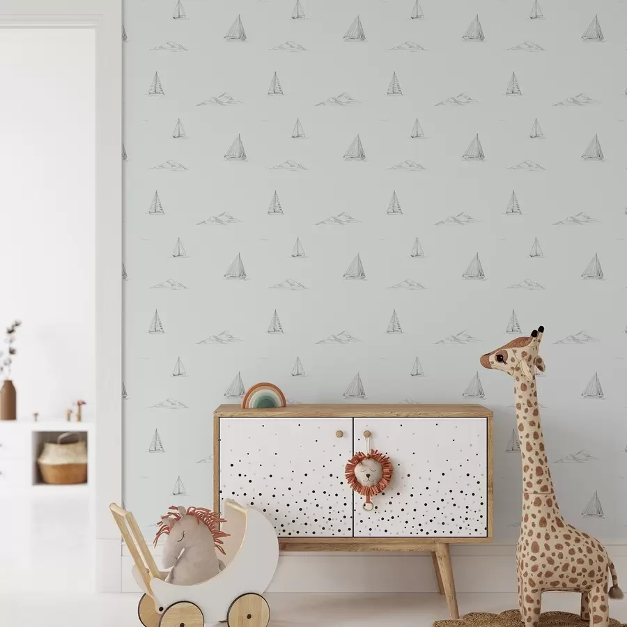 Fototapet Nakreslete jachty a ostrovy, chladné modrošedé pozadí a00654