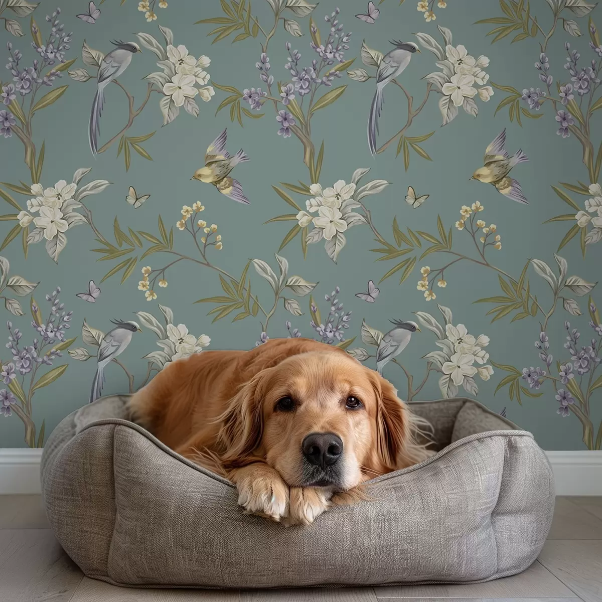 Tapety Ptáci, květiny a motýli na modrošedém pozadí a00735