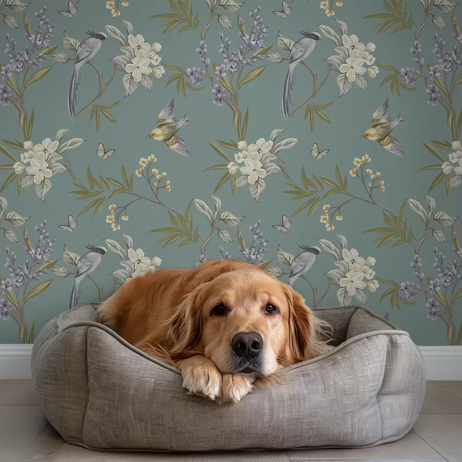 Fototapet Ptáci, květiny a motýli na modrošedém pozadí a00735