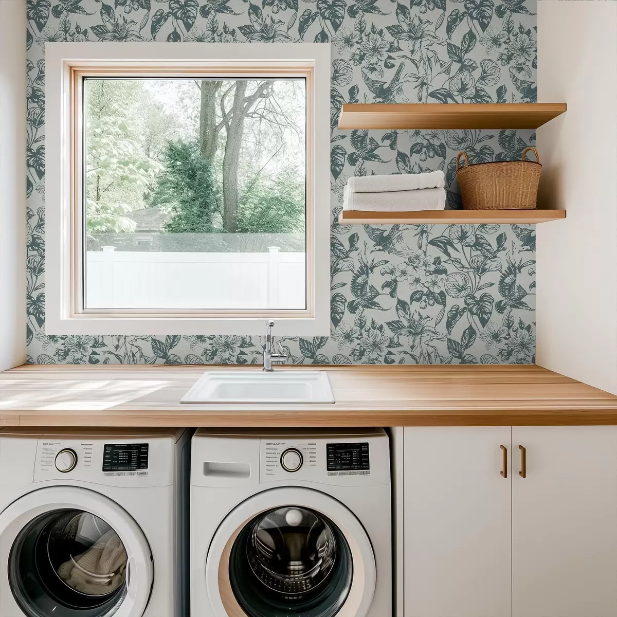 Tapety Monochromatický květinový ornament s ptáky a00737