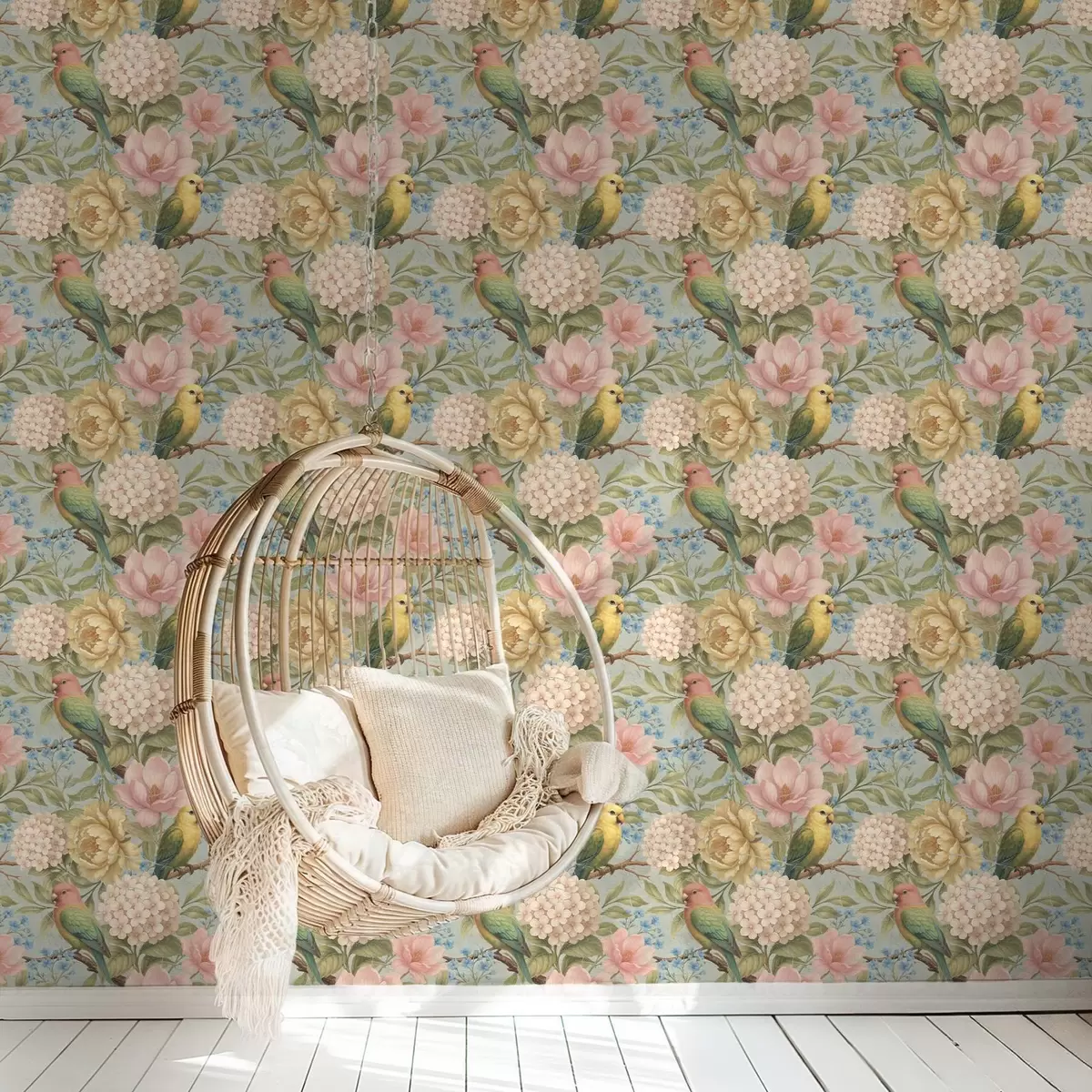 Tapety Papoušci mezi pivoňkami, hortenziemi a magnóliemi a00747