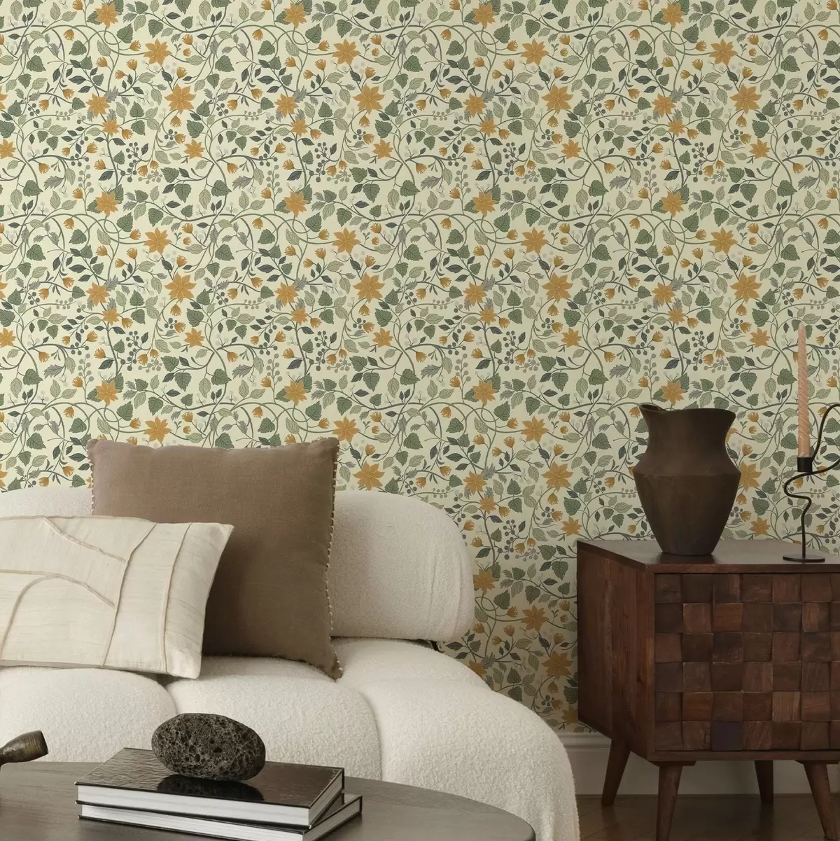 Tapety Šplhající květinové větve se žlutými květy a bobulemi a00750