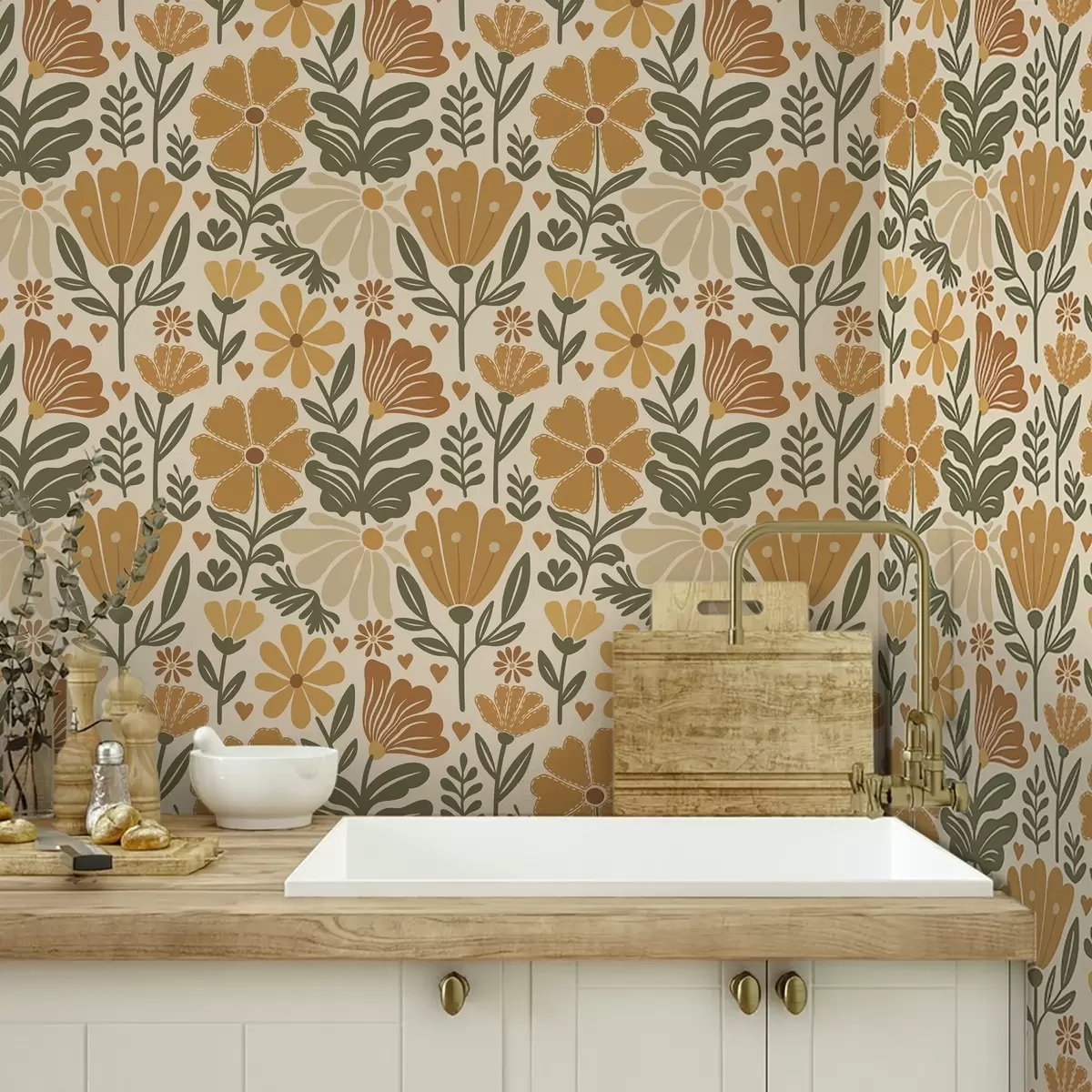 Tapety Stylizované květiny v teplých tónech se srdíčky a00752