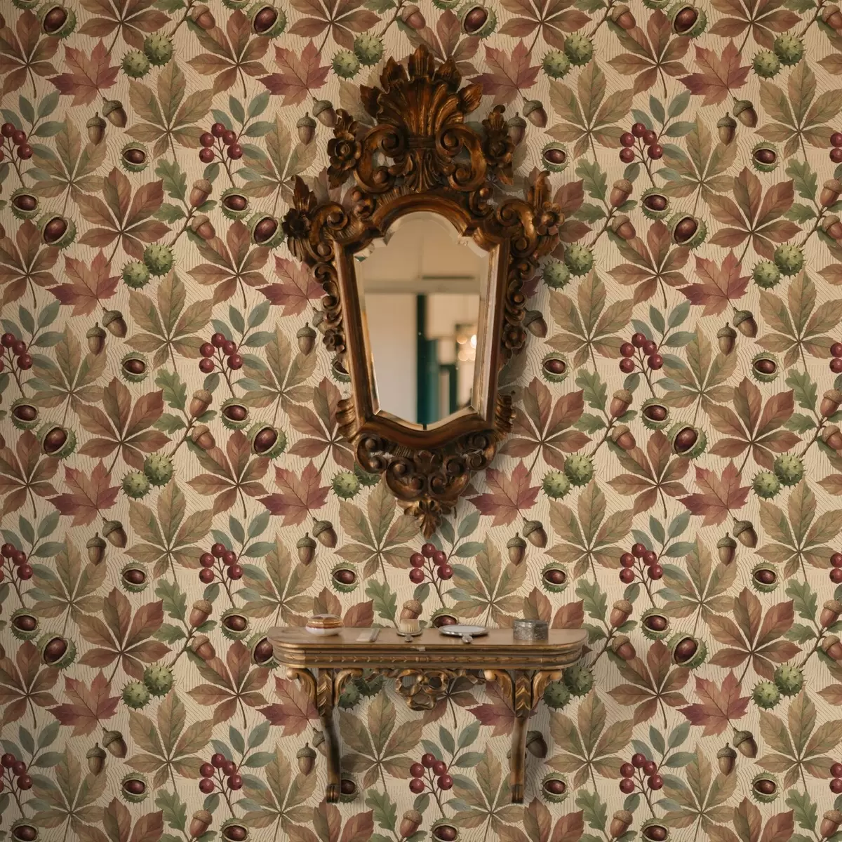 Tapety Podzimní listí, žaludy a bobule na béžovém pozadí a00754