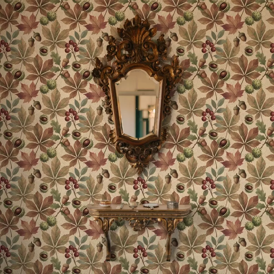 Fototapet Podzimní listí, žaludy a bobule na béžovém pozadí a00754