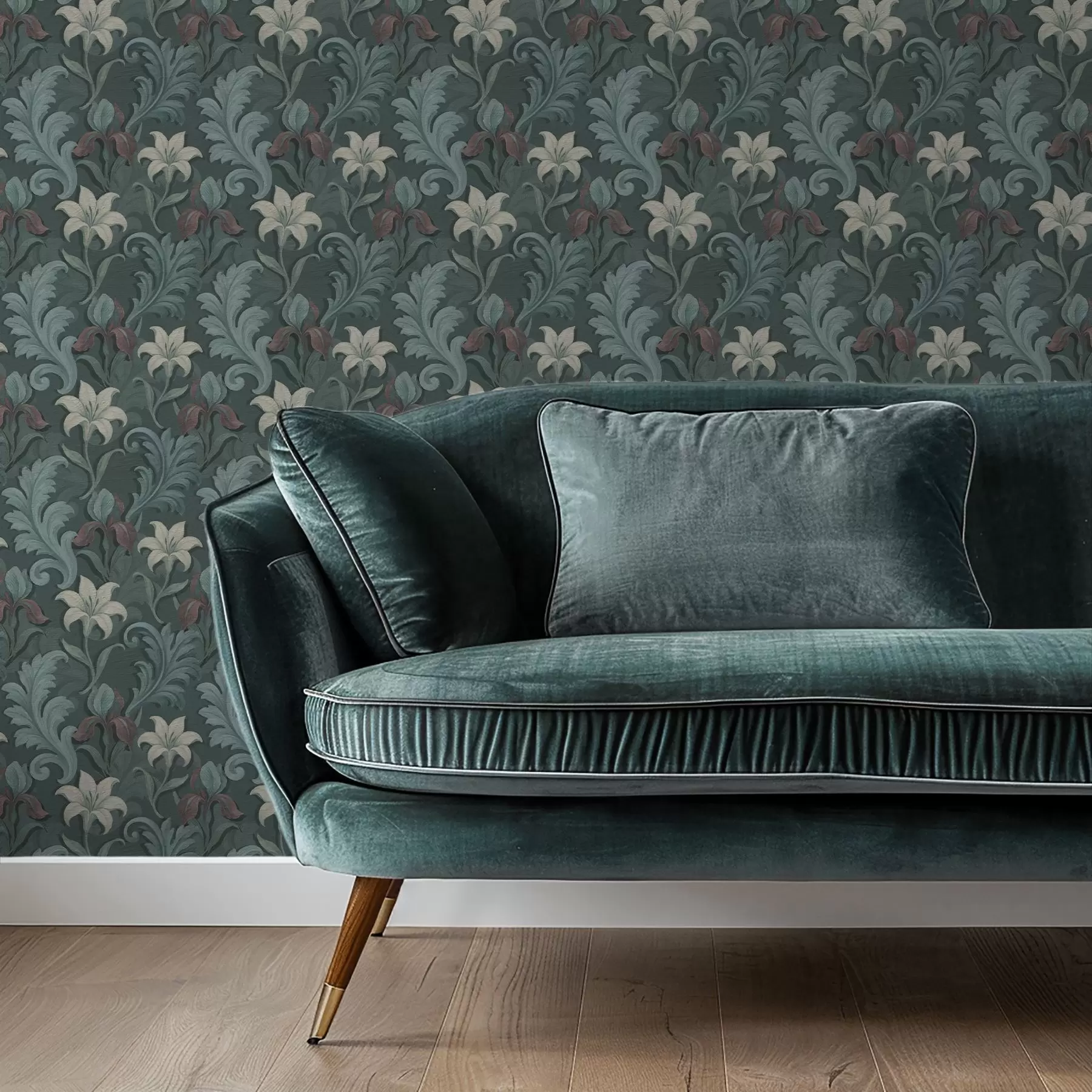 Fototapet Tmavě zelené pozadí s kosatci a ozdobnými listy a00755