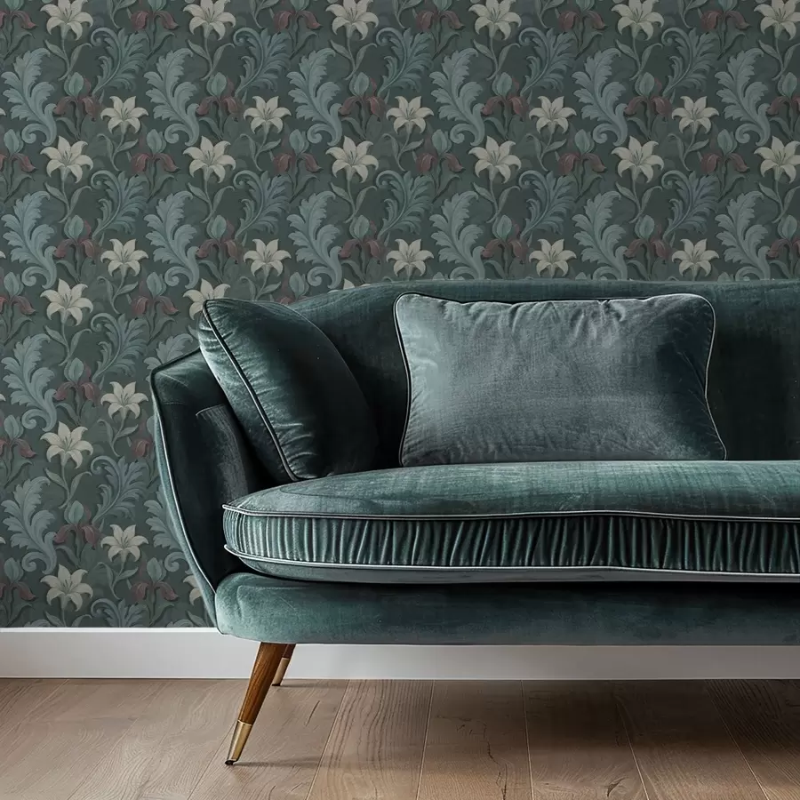 Fototapet Tmavě zelené pozadí s kosatci a ozdobnými listy a00755