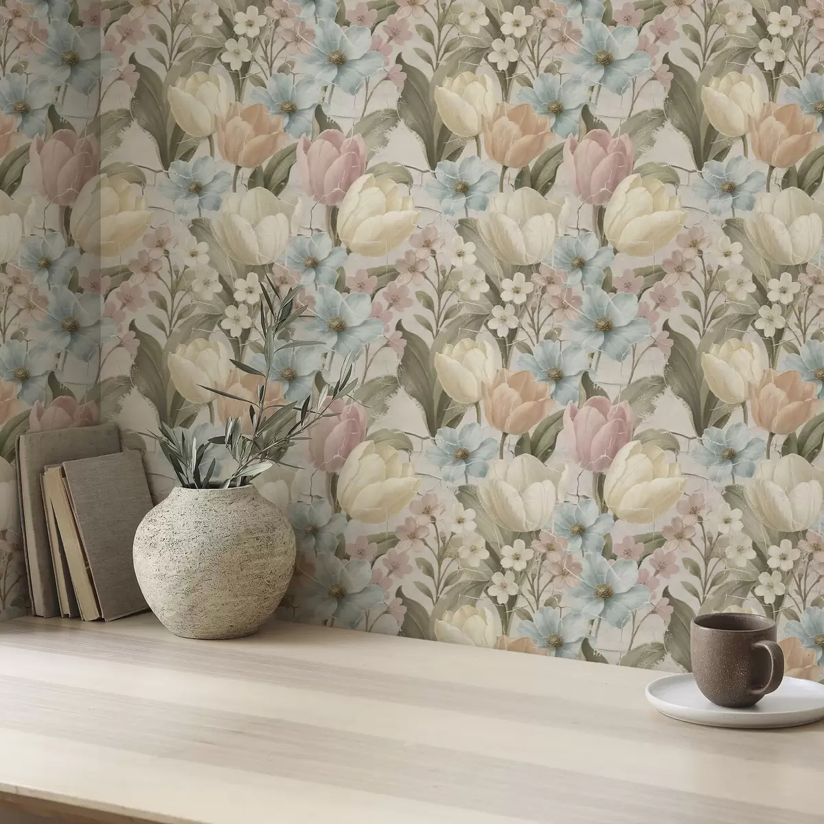Tapety Pastelové tulipány a květiny na světlém popraskaném pozadí a00756