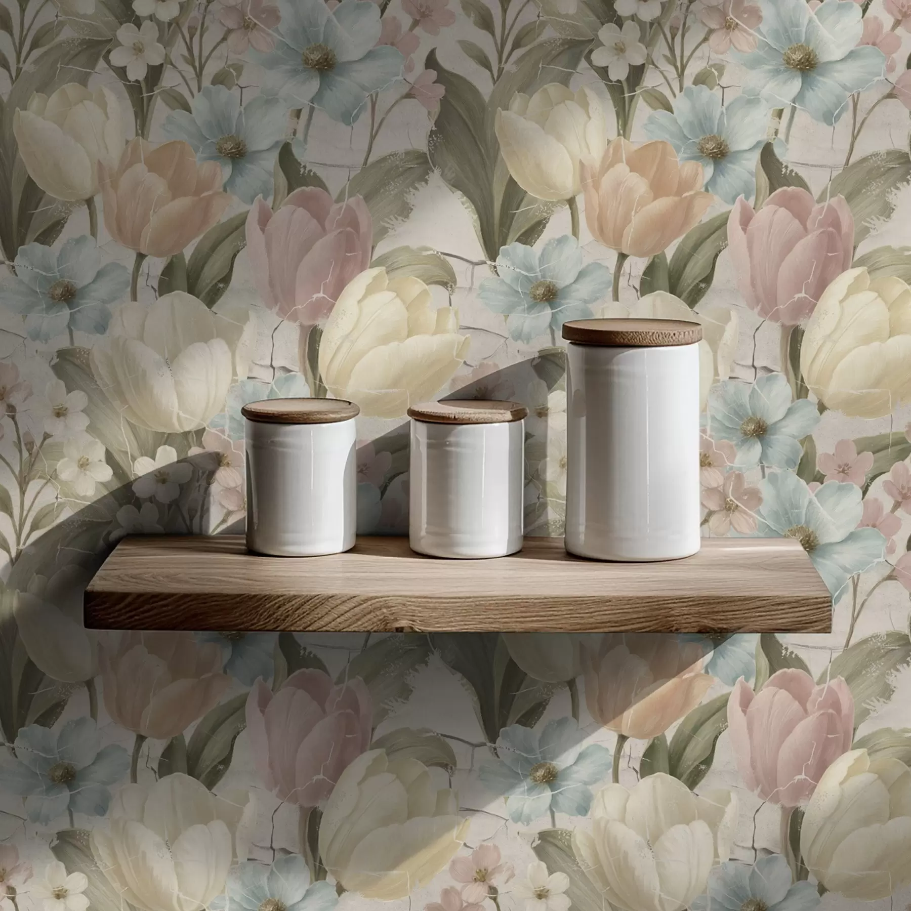 Fototapet Pastelové tulipány a květiny na světlém popraskaném pozadí a00756