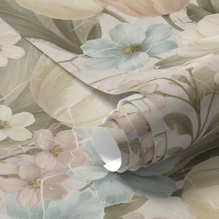 Fototapet Pastelové tulipány a květiny na světlém popraskaném pozadí a00756