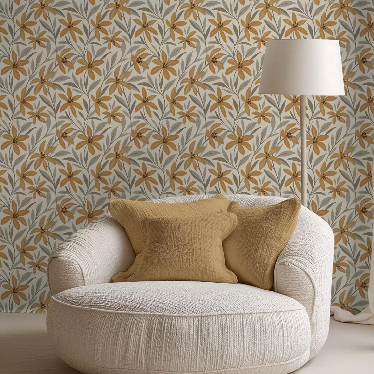 Tapety Žluté lilie a šedozelené listy na světlém pozadí a00757