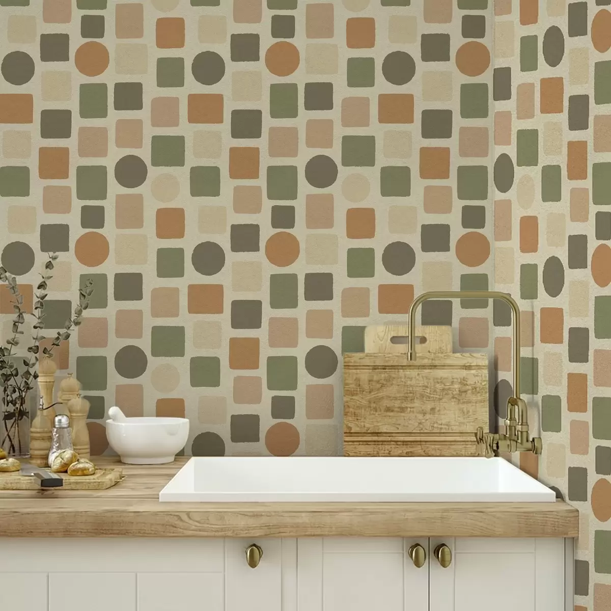 Tapety Geometrický vzor čtverců a kruhů v teplých tónech a00759