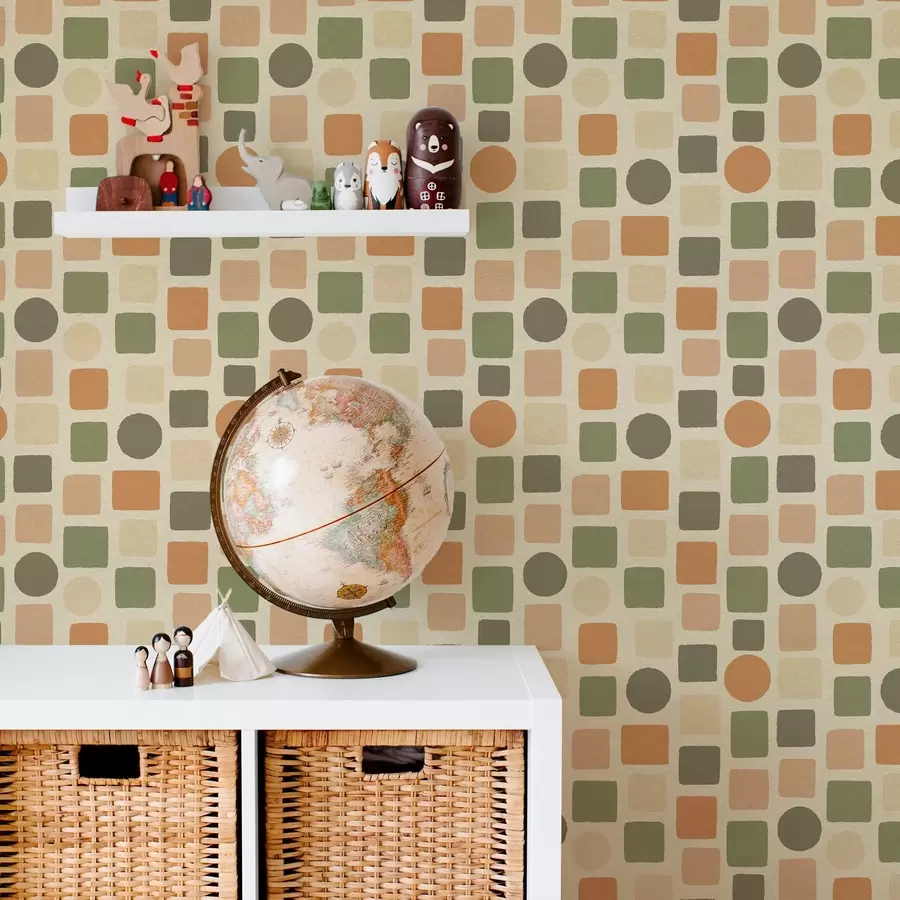 Fototapet Geometrický vzor čtverců a kruhů v teplých tónech a00759