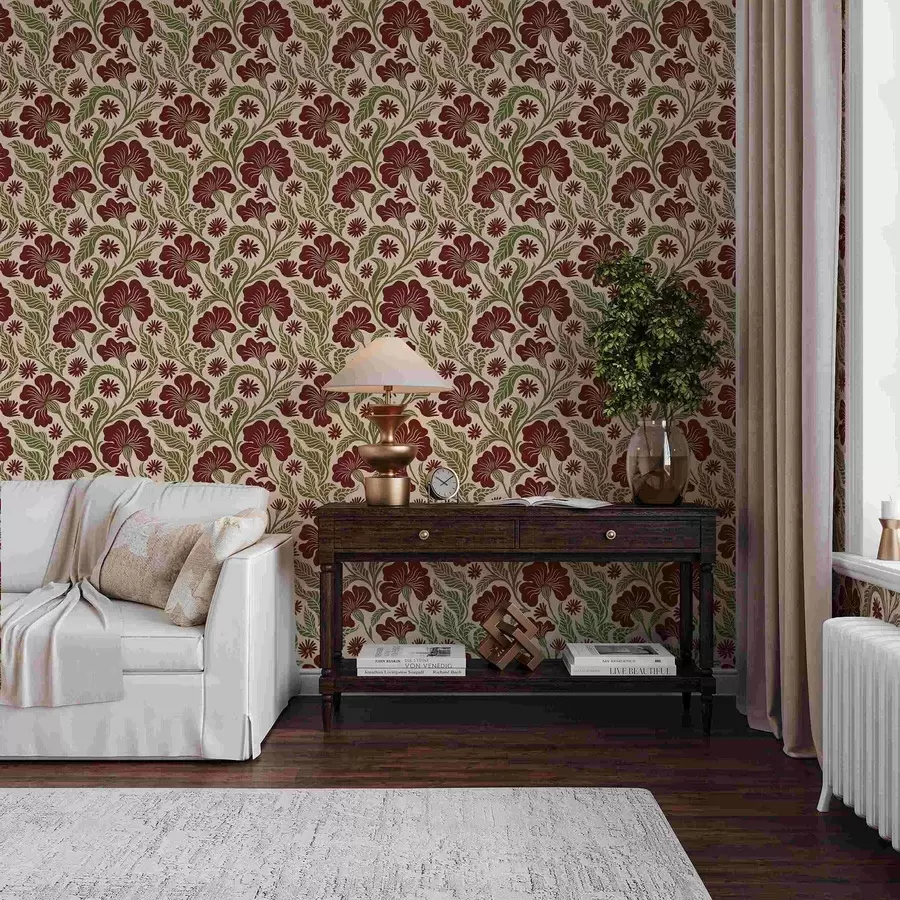 Fototapet Burgundské květy se zelenými listy na světlém pozadí a00761