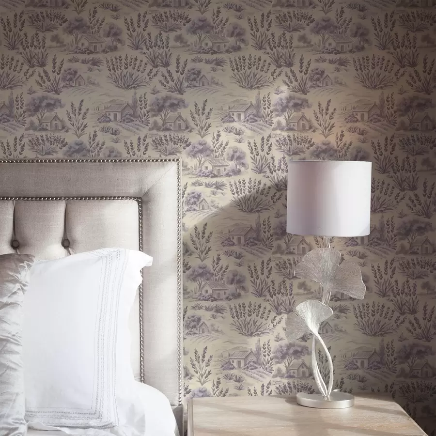 Fototapet Levandulová pole a domy v pastelových barvách a00765