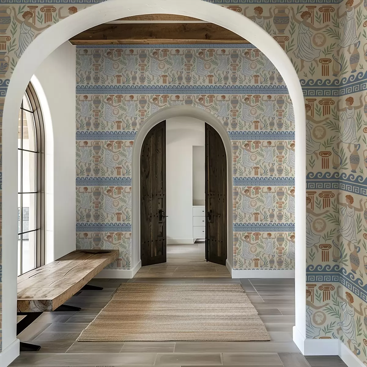 Tapety Starověký řecký ornament s postavami, vázami a sloupy a00768