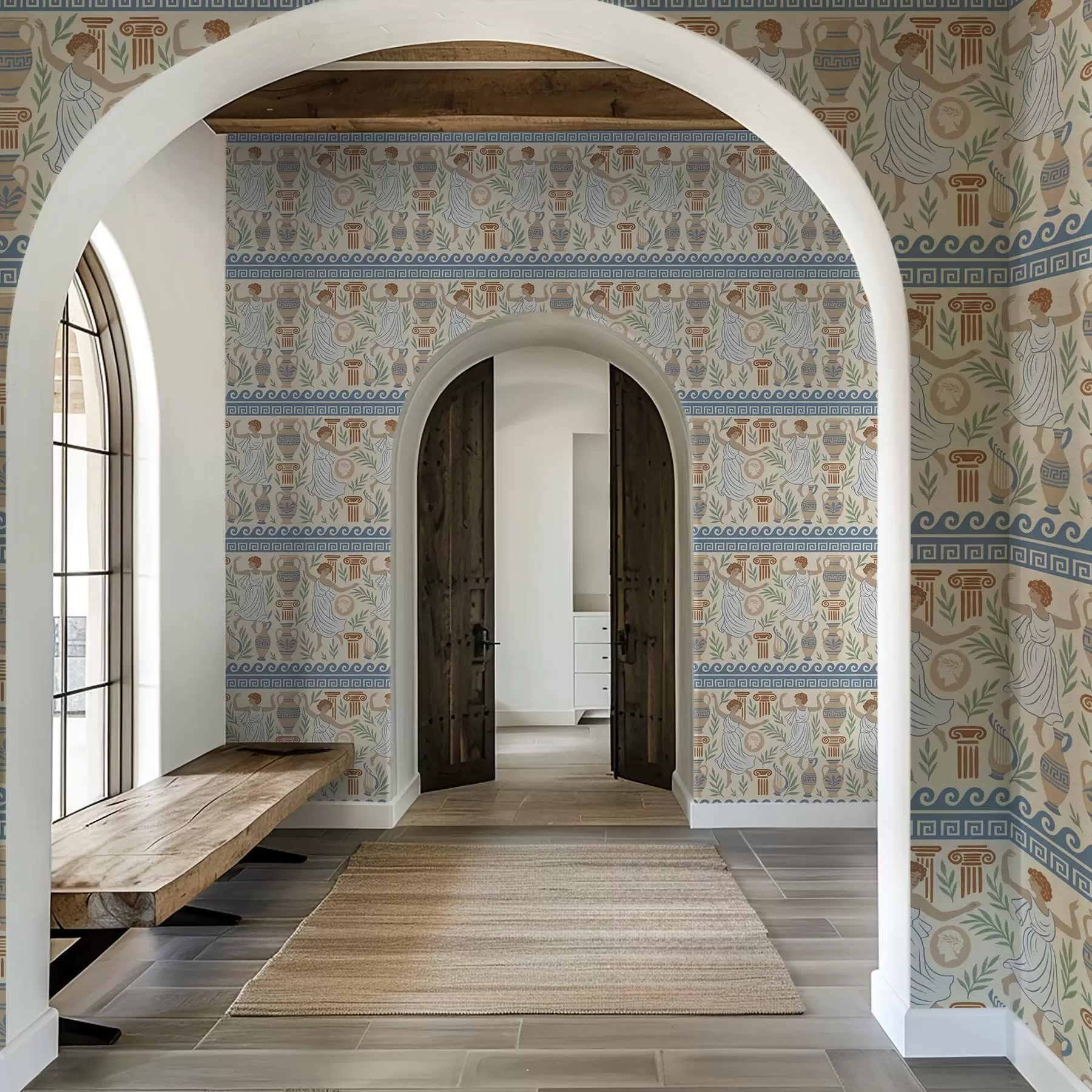 Fototapet Starověký řecký ornament s postavami, vázami a sloupy a00768