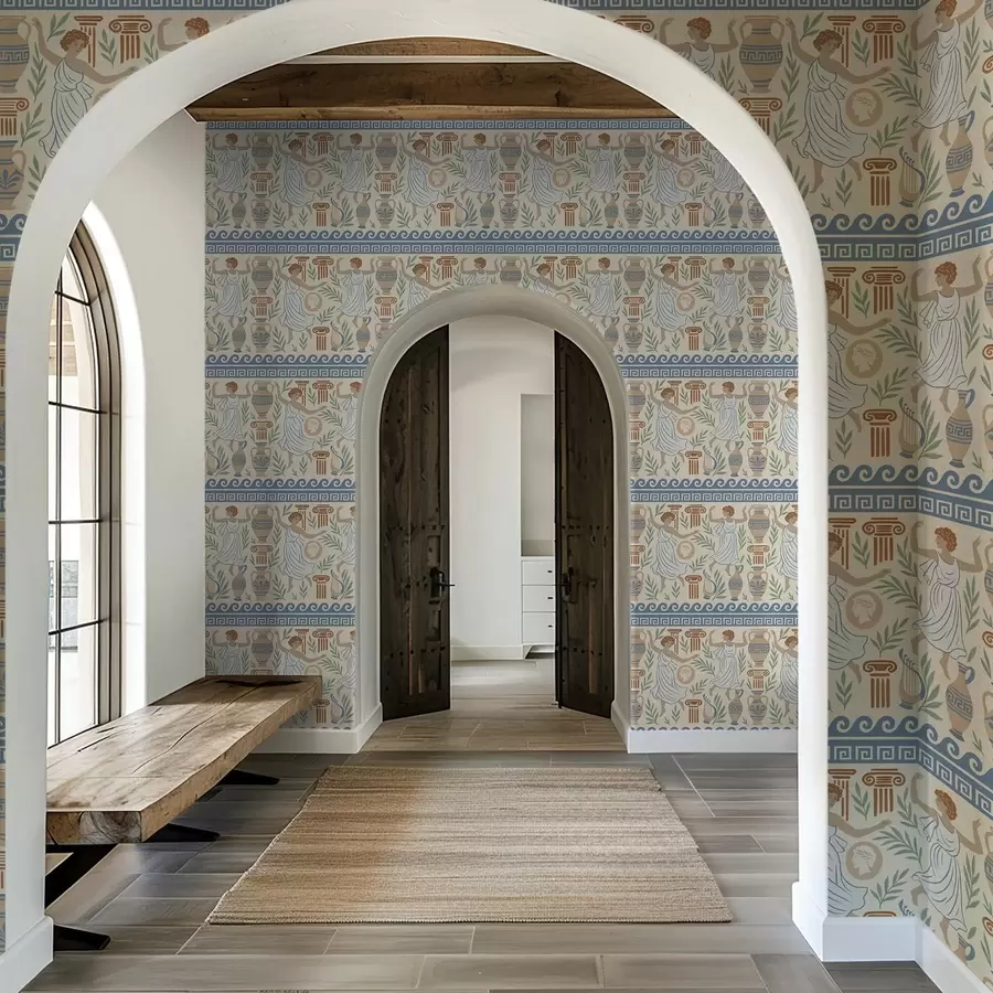 Fototapet Starověký řecký ornament s postavami, vázami a sloupy a00768