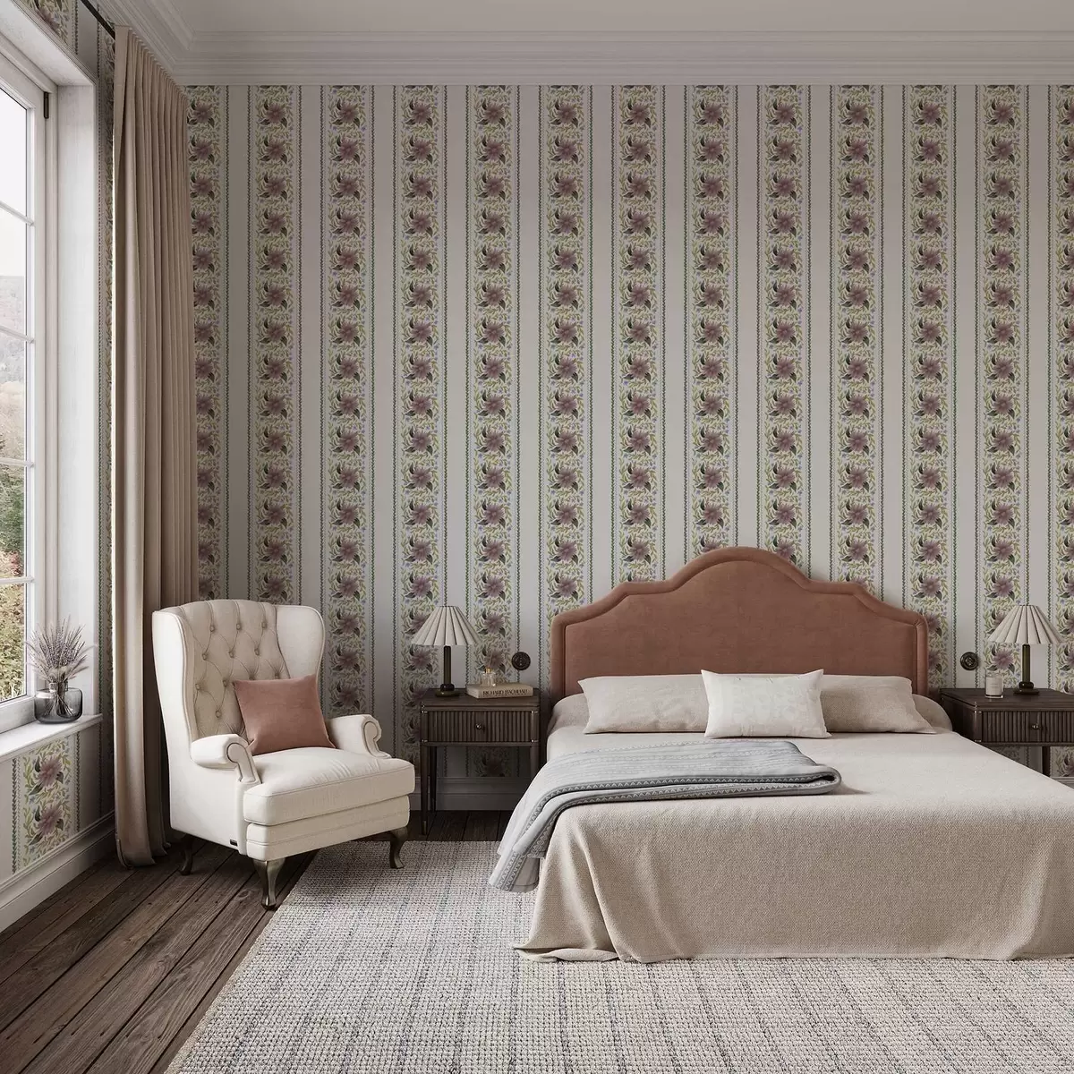 Tapety Vertikální květinové pruhy v lila-modrých tónech a00809