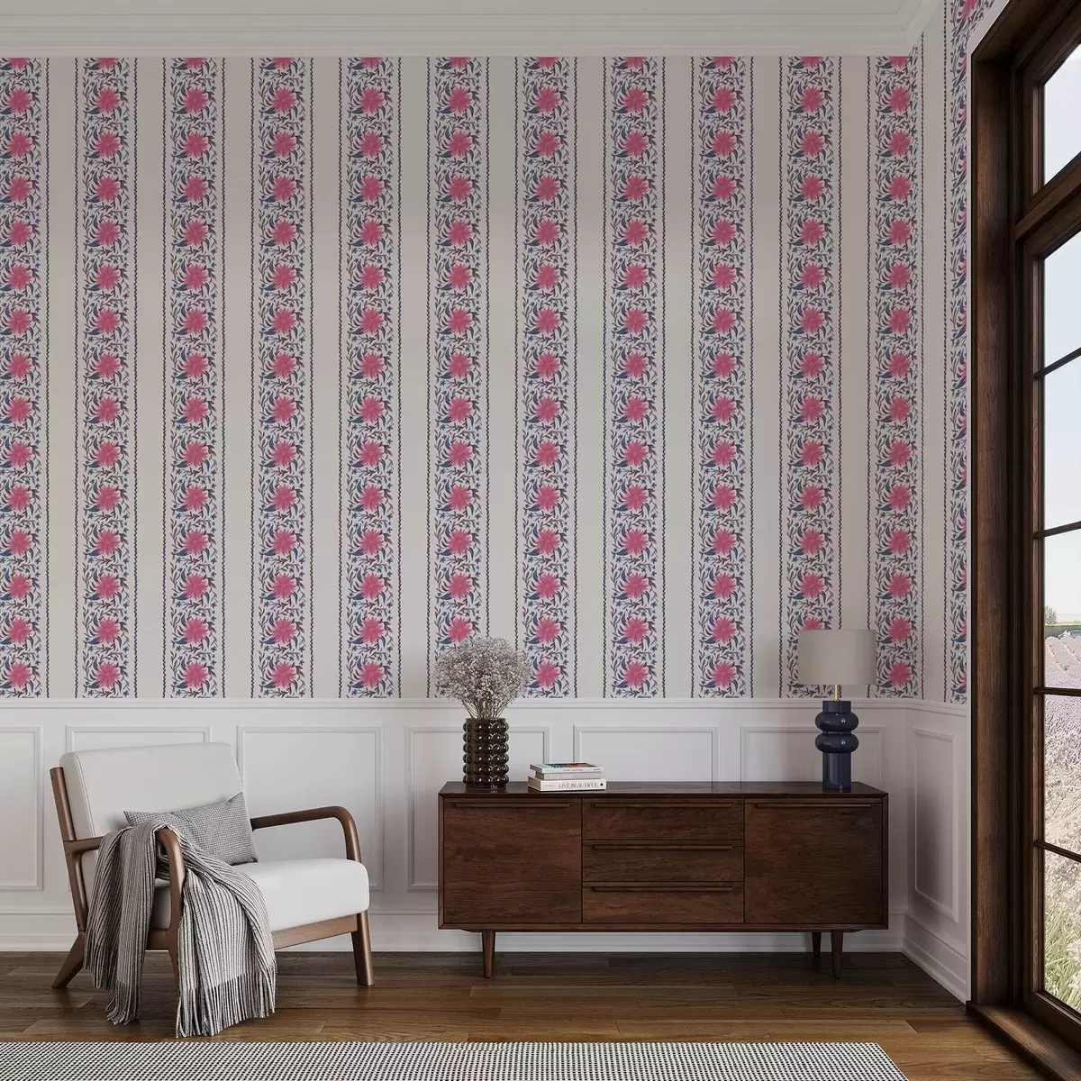 Tapety Vertikální květinové pruhy v růžovo-fialových tónech a00810