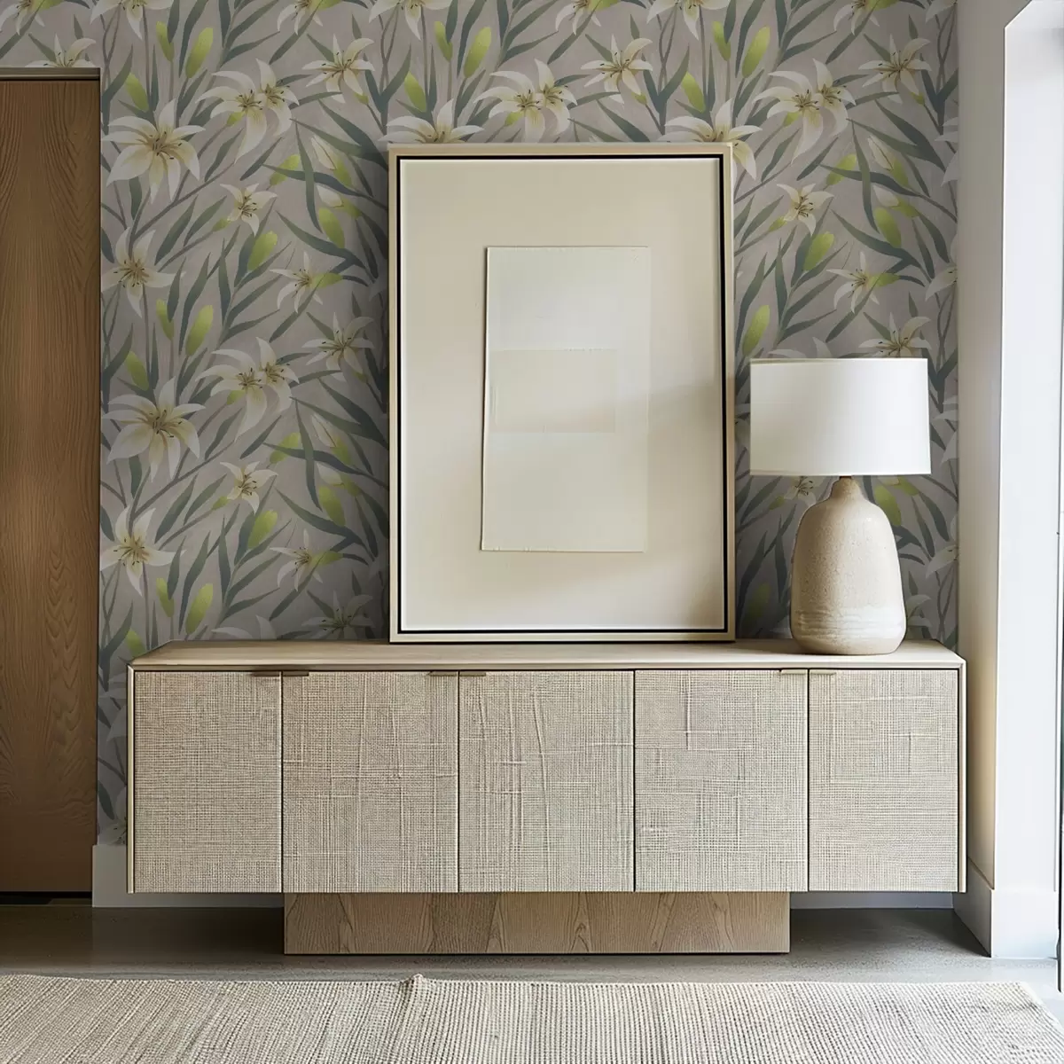 Tapety Krémové lilie s listy na šedobéžovém pozadí a00837