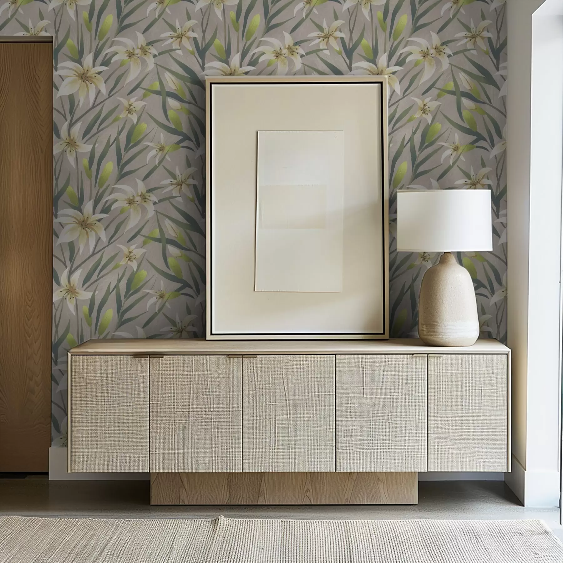 Fototapet Krémové lilie s listy na šedobéžovém pozadí a00837