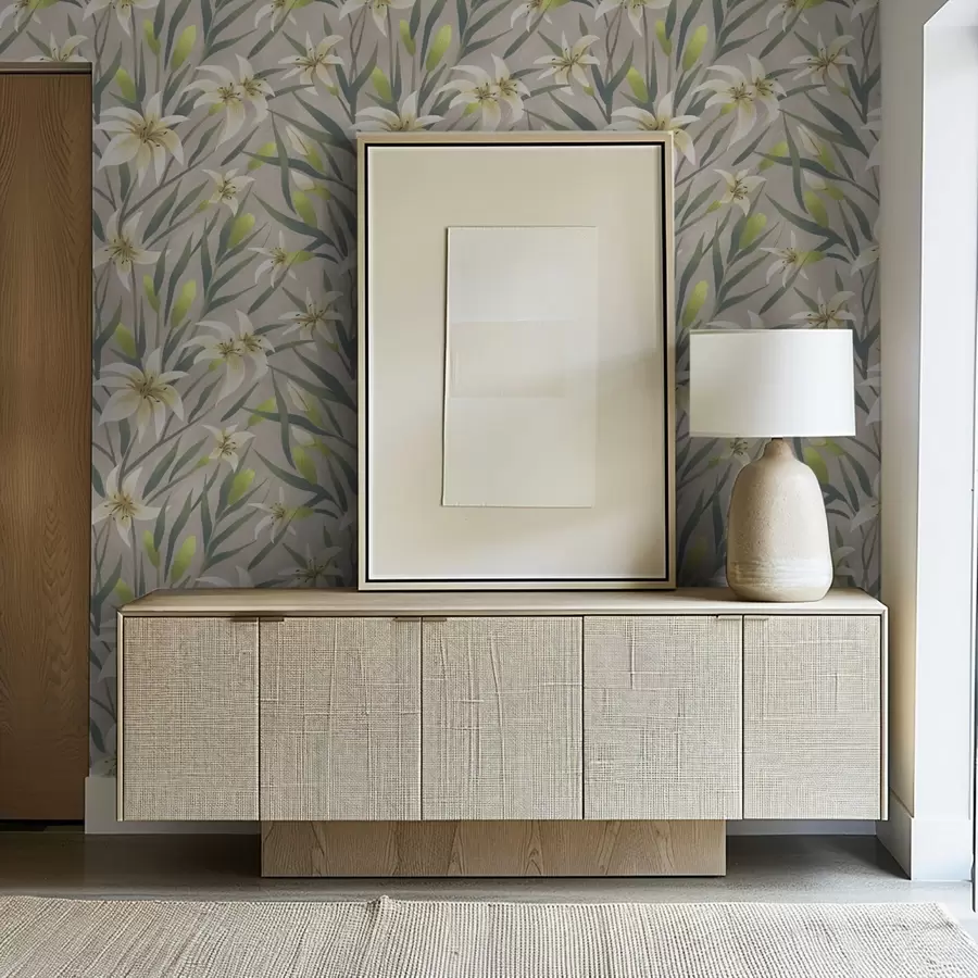 Fototapet Krémové lilie s listy na šedobéžovém pozadí a00837