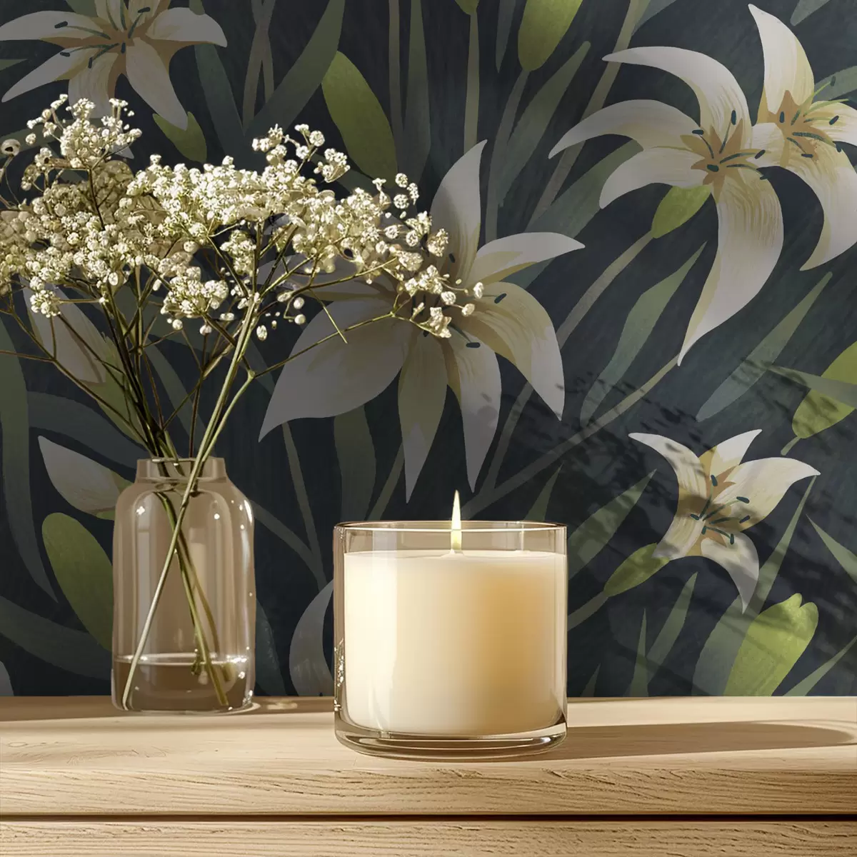 Tapety Krémové lilie s listy na tmavém pozadí a00837v1