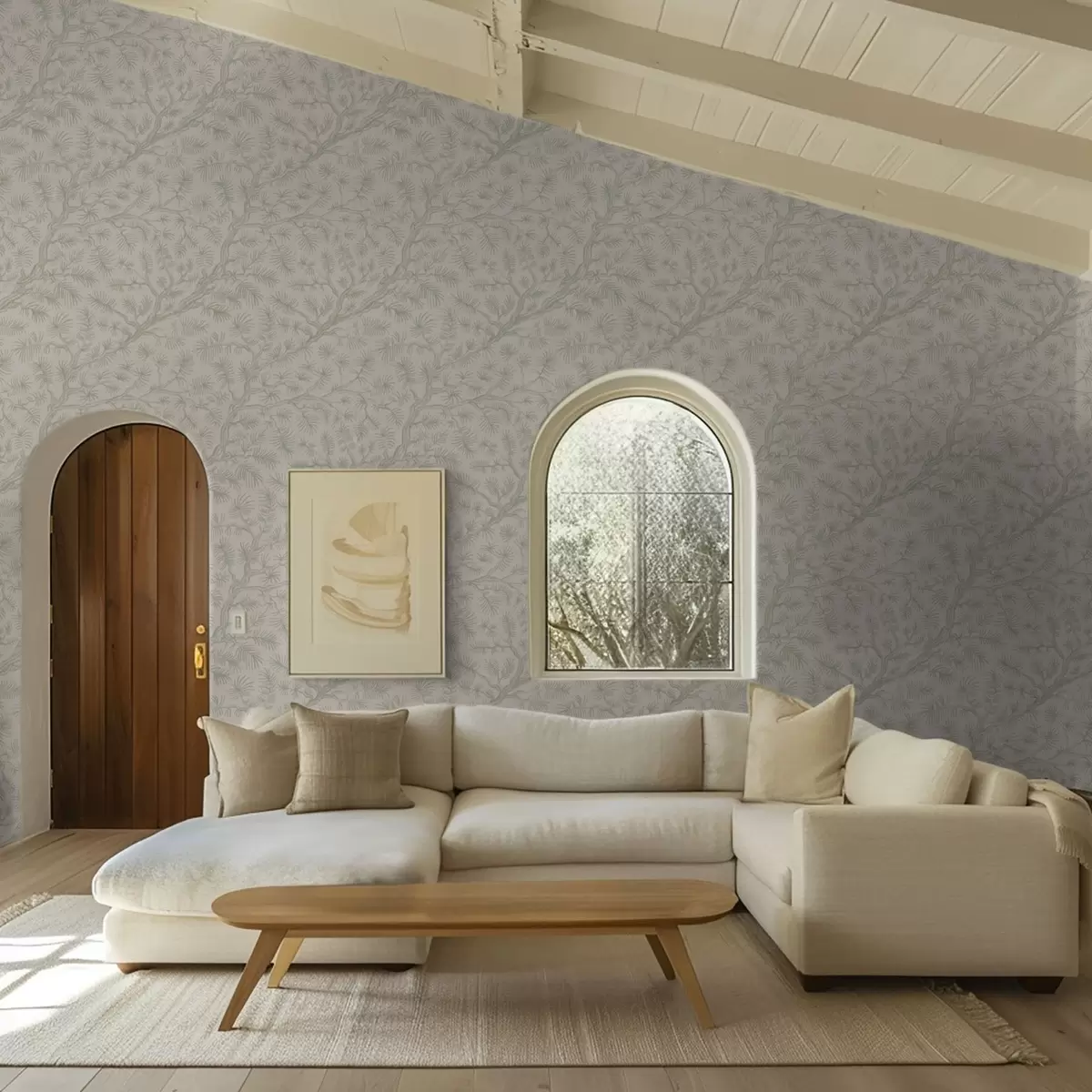 Tapety Borovicové větve v světle zelených tónech na béžovém pozadí a00838v1