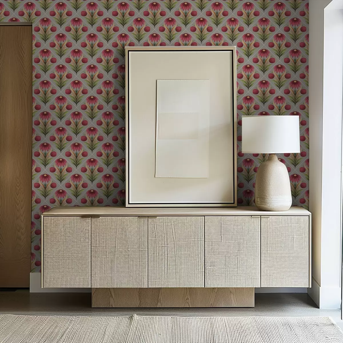 Tapety Symetrický květinový ornament na šedém pozadí s diagonálami a00869