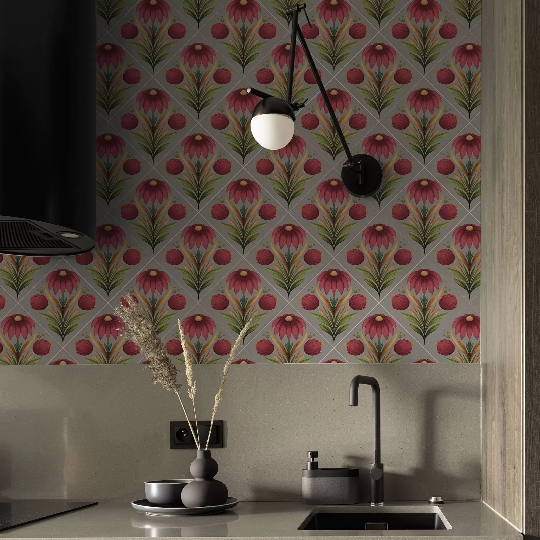 Fototapet Symetrický květinový ornament na šedém pozadí s diagonálami a00869