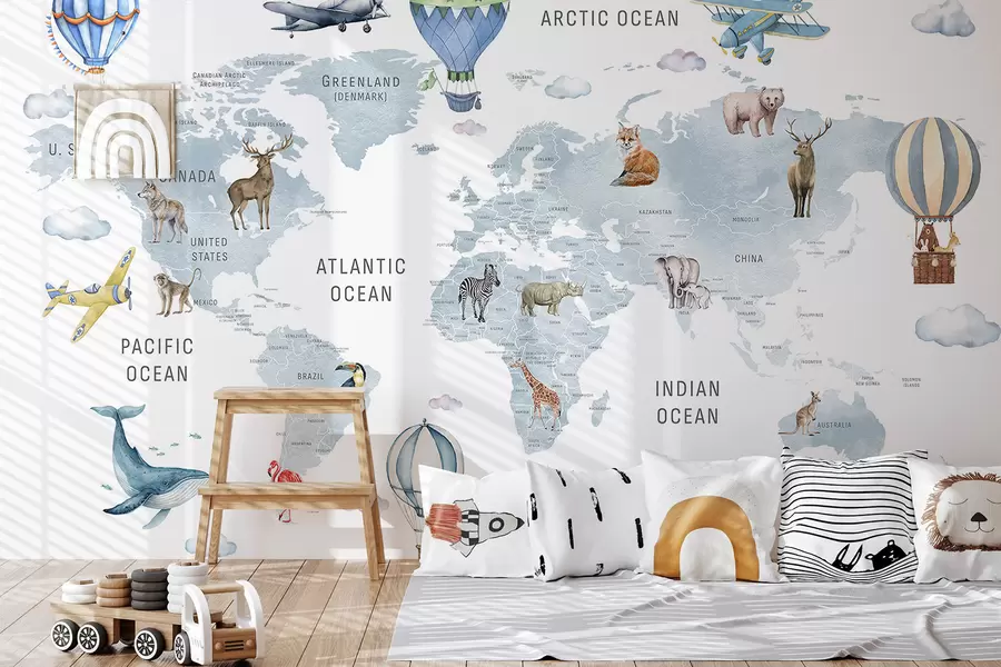 Fototapet Dětská mapa v akvarelovém stylu se zvířaty a horkovzdušnými balóny. Anglický jazyk. Modrá barva. c00001env1