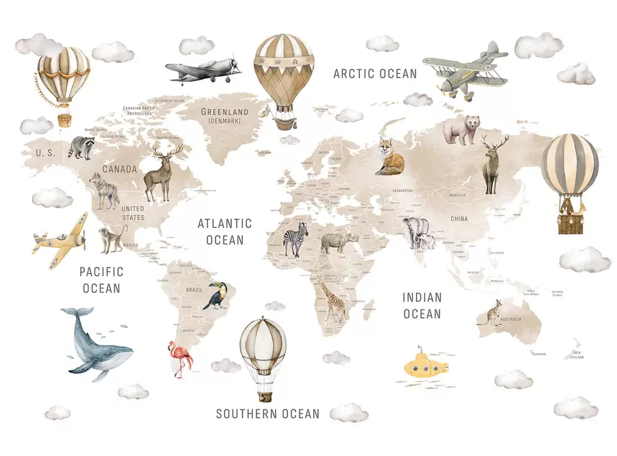 Fototapet Dětská mapa v akvarelovém stylu se zvířaty a horkovzdušnými balóny. Anglický jazyk. Béžová barva c00001env2