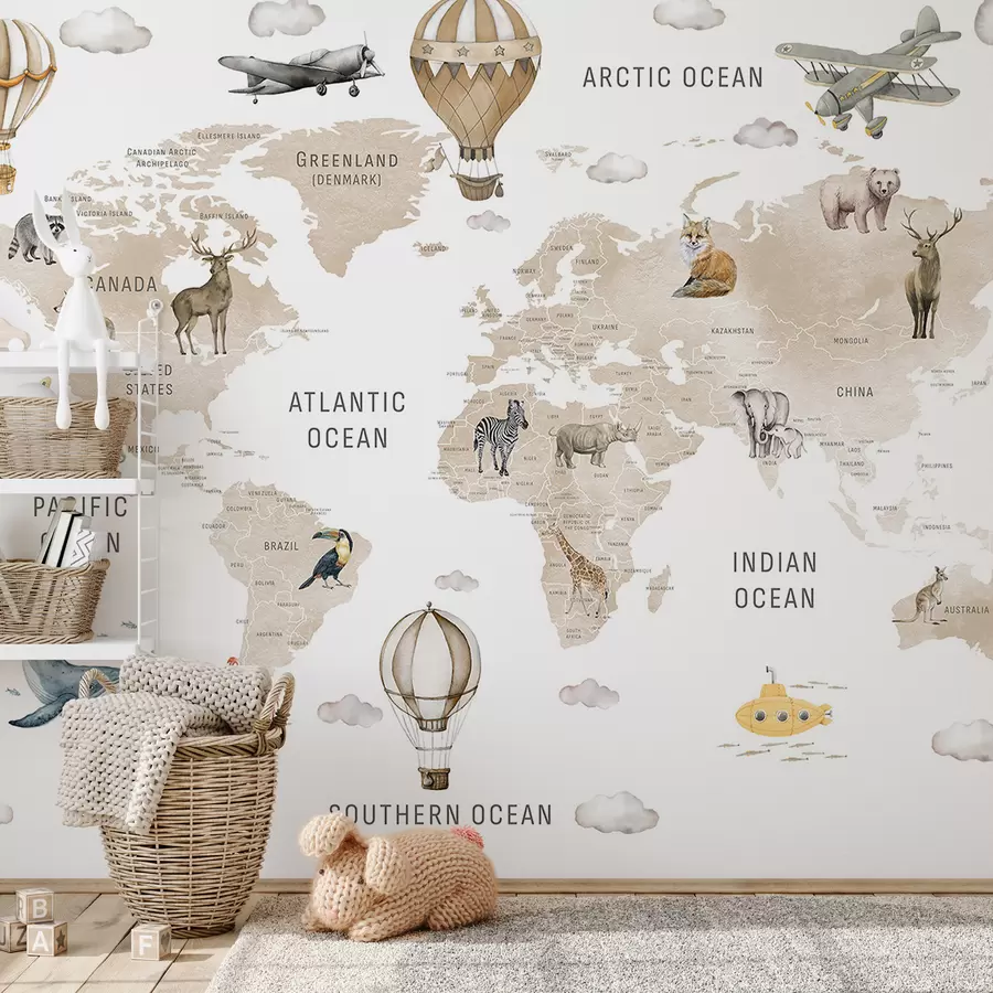 Fototapet Dětská mapa v akvarelovém stylu se zvířaty a horkovzdušnými balóny. Anglický jazyk. Béžová barva. c00001env2
