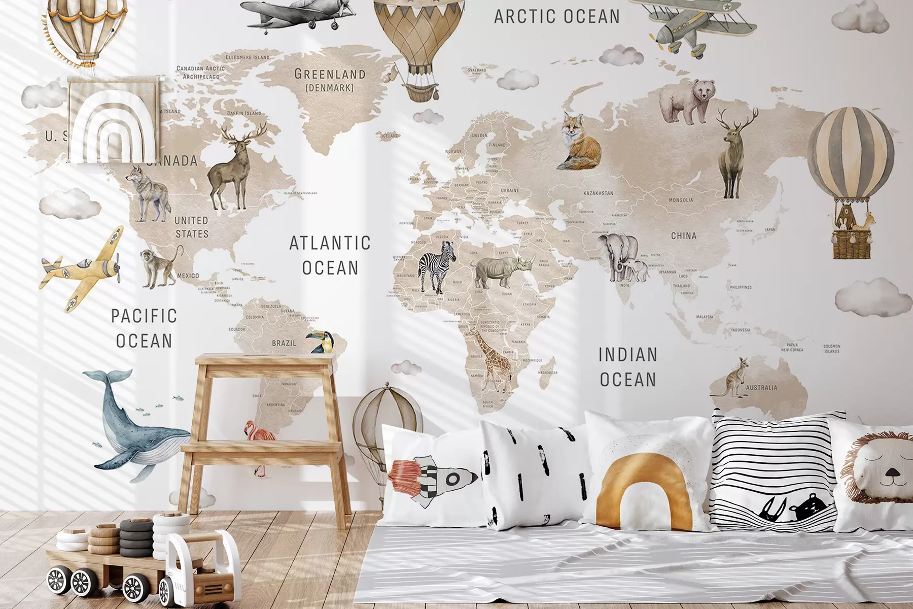 Fototapet Dětská mapa v akvarelovém stylu se zvířaty a horkovzdušnými balóny. Anglický jazyk. Béžová barva c00001env2