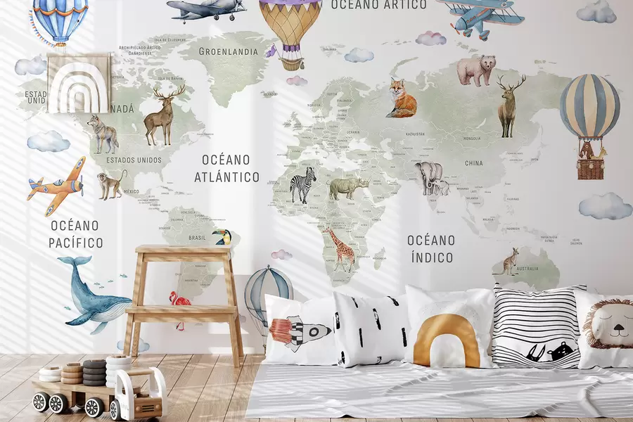 Fototapet Dětská mapa v akvarelovém stylu se zvířaty a horkovzdušnými balóny. Španělský jazyk. Zelená barva. c00001es