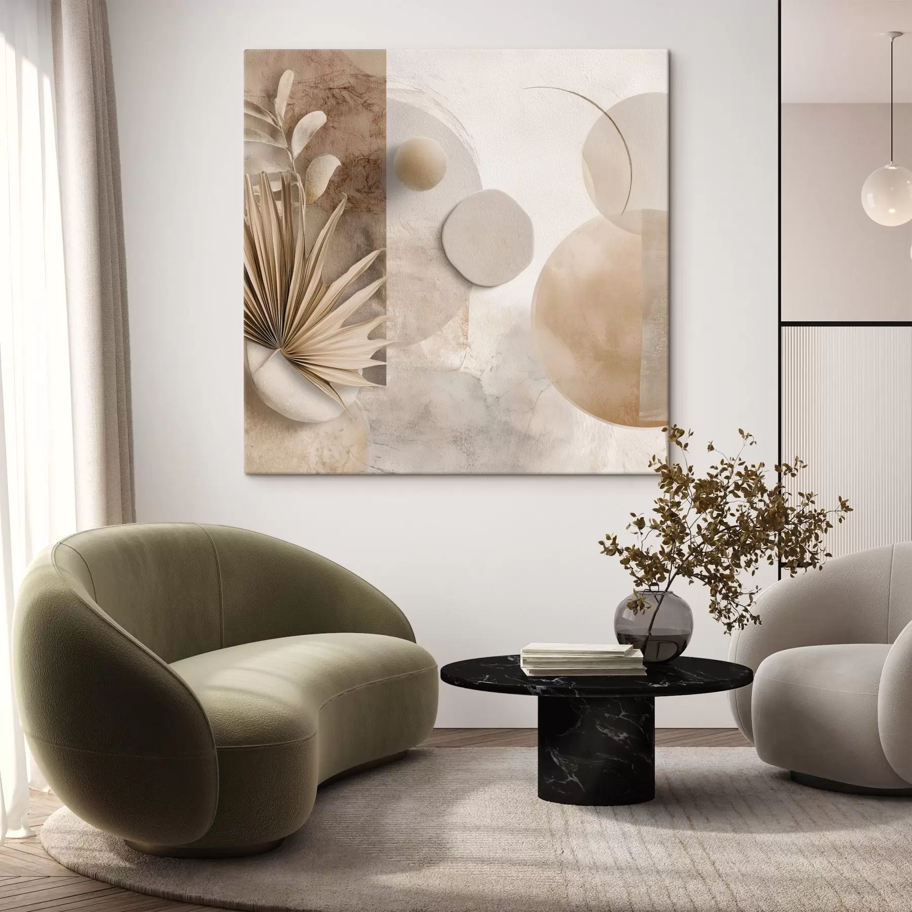Obraz Sušené palmové listy a 3D kruhy v béžových tónech Č. s46310