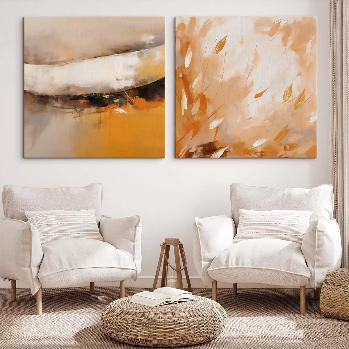 Obraz Abstraktní diptych v olejovém stylu se žlutooranžovými a černými tóny Č. m00897