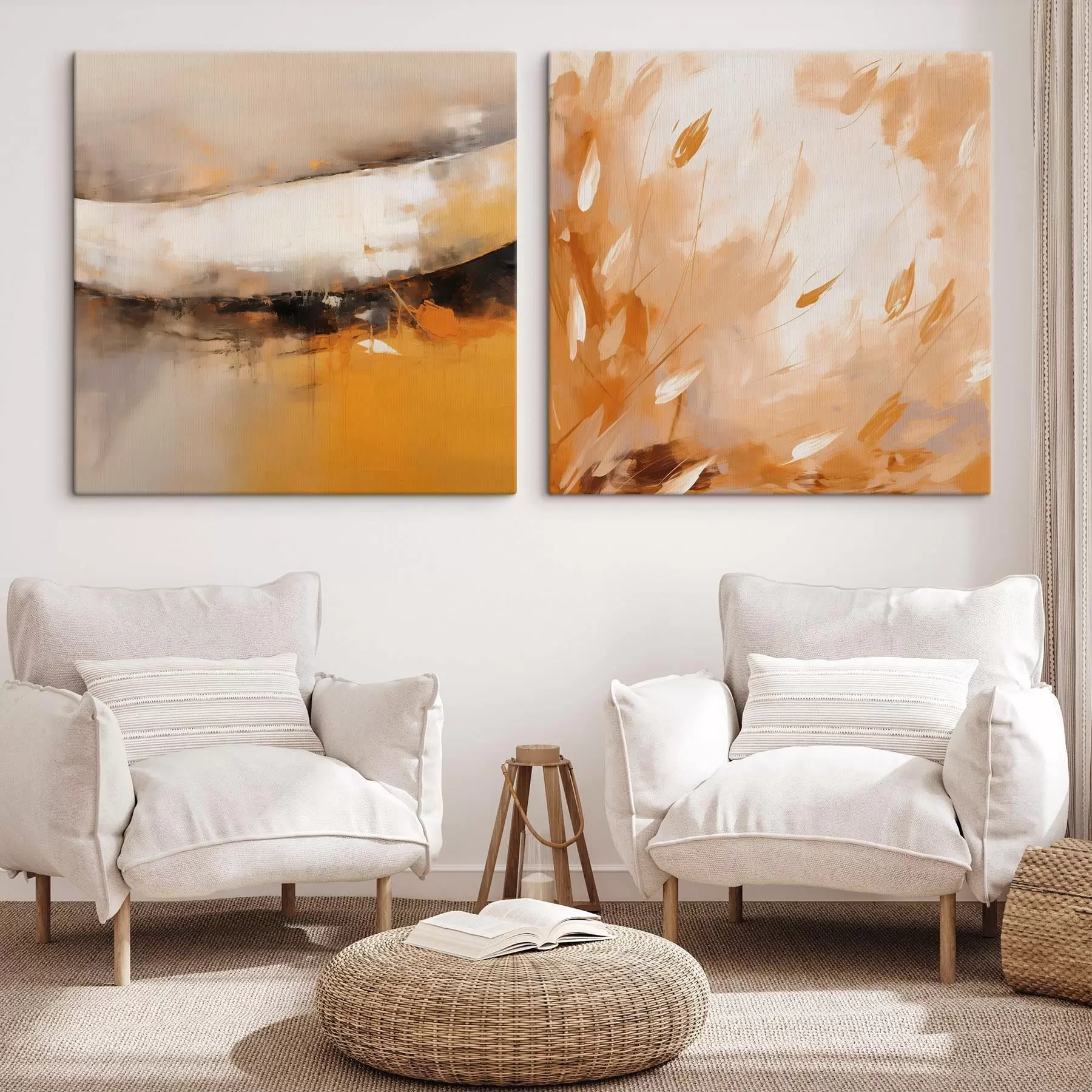 Obraz Abstraktní diptych v olejovém stylu se žlutooranžovými a černými tóny Č. m00897