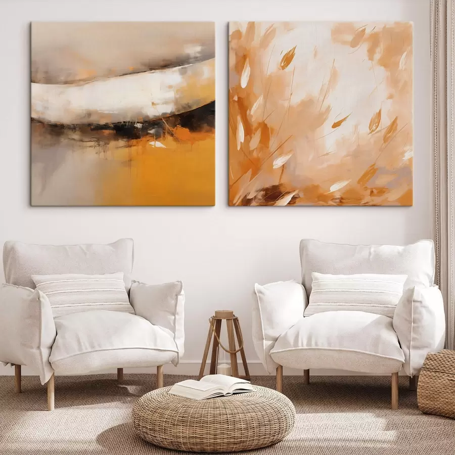 Obraz Abstraktní diptych v olejovém stylu se žlutooranžovými a černými tóny Č. m00897