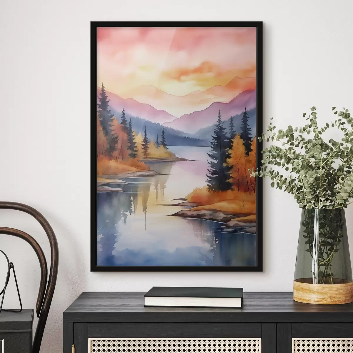 Poster Podzimní krajina u jezera s jasnou oblohou f46155