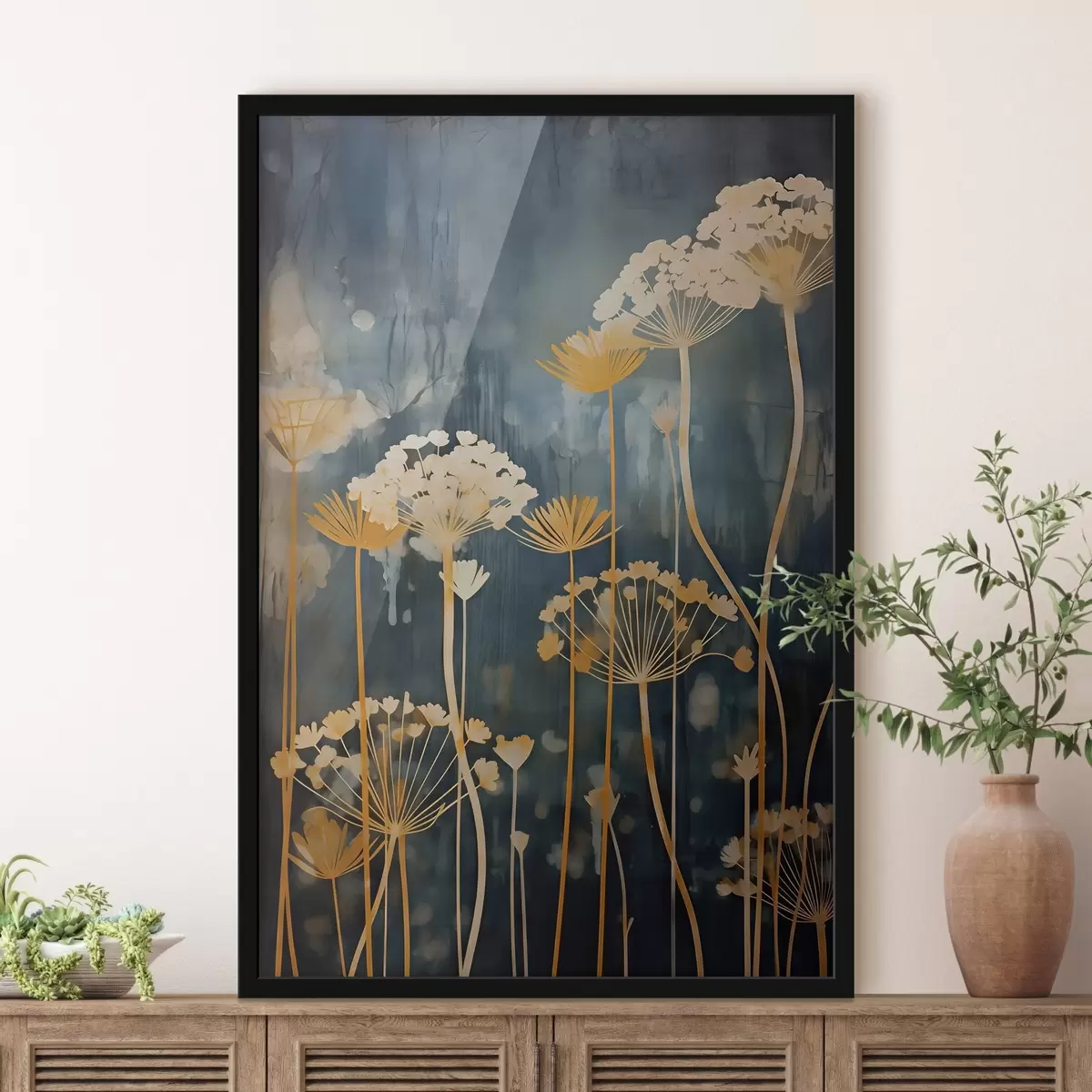 Poster Stylizované květiny s tenkými stonky na tmavém pozadí f46188