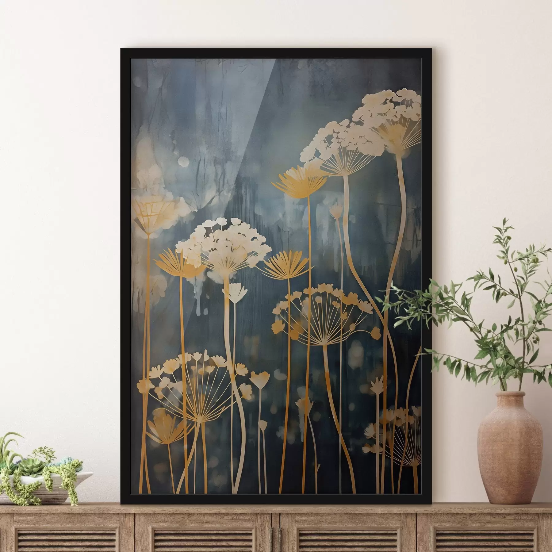 Fototapet Stylizované květiny s tenkými stonky na tmavém pozadí f46188