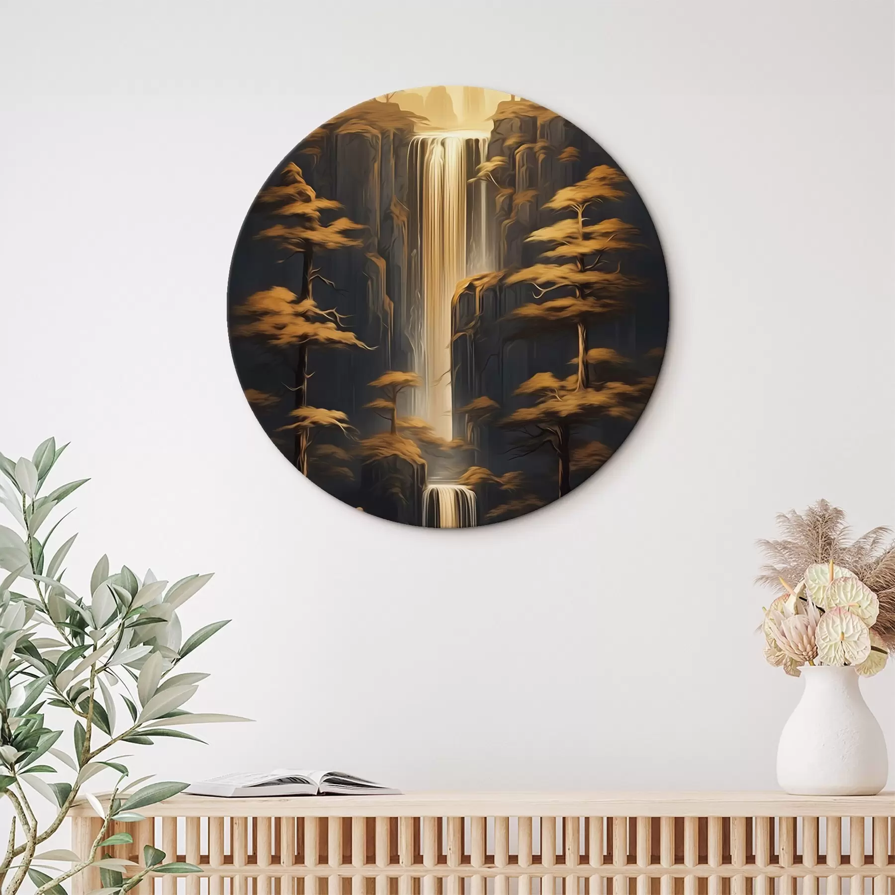 Obraz Vysoké útesy s vodopádem a borovicemi ve večerním světle Č. r46151