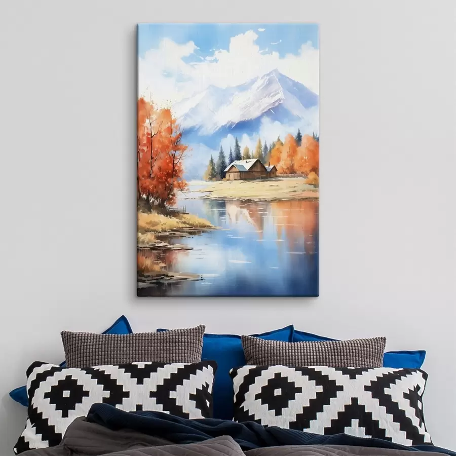 Obraz Podzimní krajina u jezera s domem a horami Č. s46184
