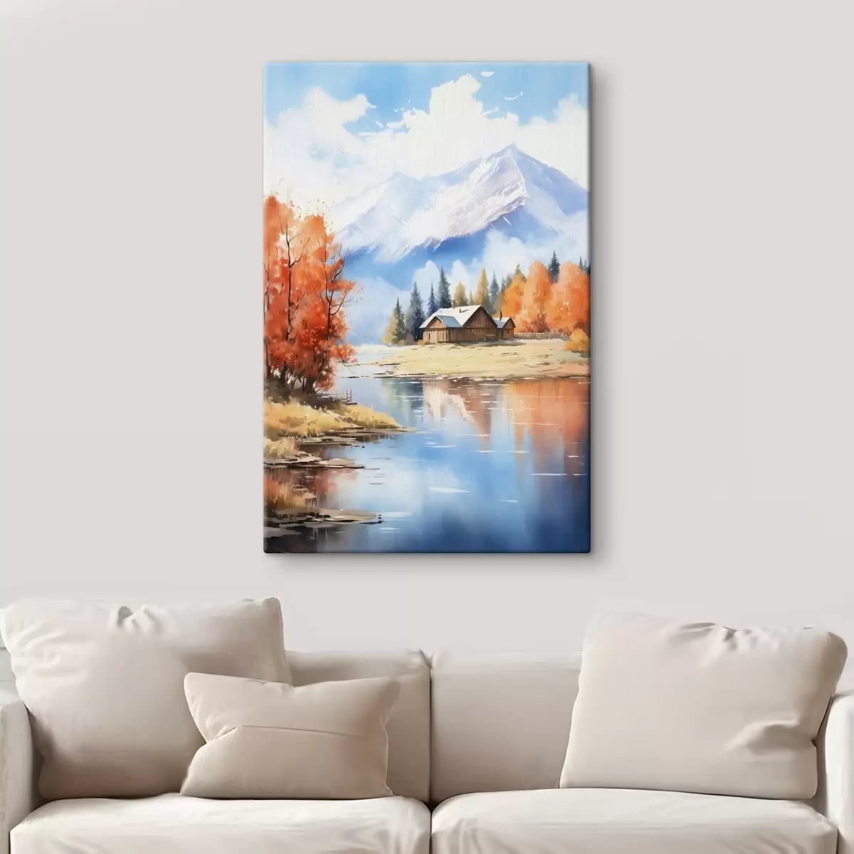 Obraz Podzimní krajina u jezera s domem a horami Č. s46184